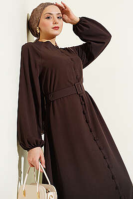 Boydan Brit Düğmeli Kemerli Elbise Kahve - Elbise