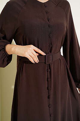 Boydan Brit Düğmeli Kemerli Elbise Kahve - Elbise