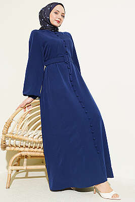 Boydan Brit Düğmeli Kemerli Elbise Lacivert - BERAT TEKSTİL