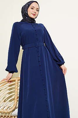 Boydan Brit Düğmeli Kemerli Elbise Lacivert - Elbise