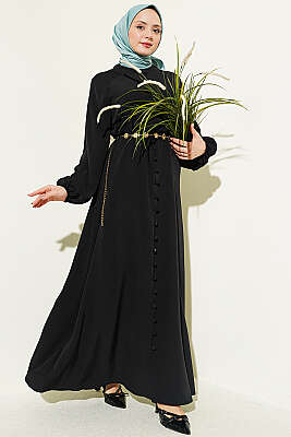 Boydan Brit Düğmeli Kemerli Elbise Siyah - BERAT TEKSTİL