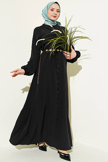Boydan Brit Düğmeli Kemerli Elbise Siyah - Elbise