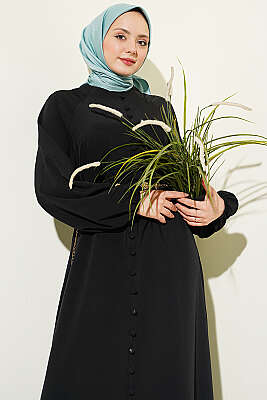 Boydan Brit Düğmeli Kemerli Elbise Siyah - Elbise