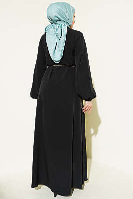 Boydan Brit Düğmeli Kemerli Elbise Siyah - Elbise