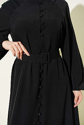 Boydan Brit Düğmeli Kemerli Elbise Siyah - Elbise