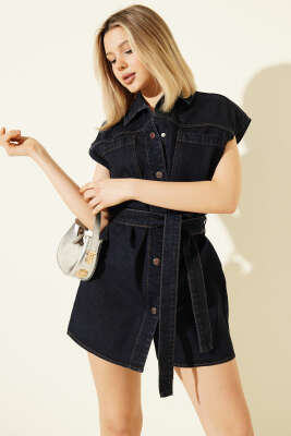 Boydan Çıtçıt Düğmeli Mini Kot Elbise Lacivert - HELLIE