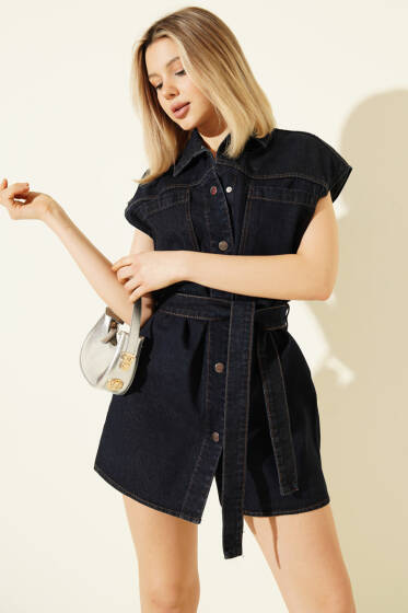 Boydan Çıtçıt Düğmeli Mini Kot Elbise Lacivert - Kadın Giyim Modelleri