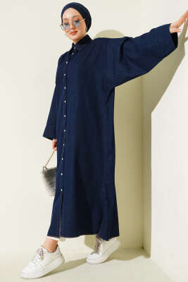 Boydan Çıtçıt Düğmeli Oversize Kot Elbise Lacivert - HATUN