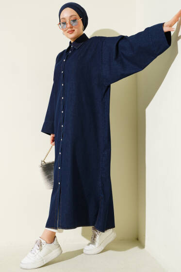 Boydan Çıtçıt Düğmeli Oversize Kot Elbise Lacivert - Elbise