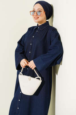 Boydan Çıtçıt Düğmeli Oversize Kot Elbise Lacivert - Elbise