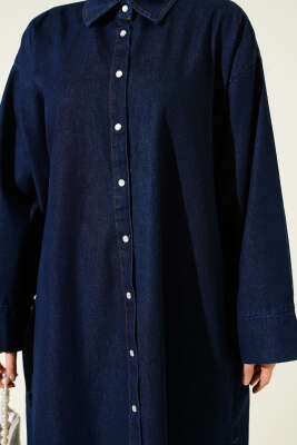 Boydan Çıtçıt Düğmeli Oversize Kot Elbise Lacivert - Elbise