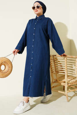Boydan Çıtçıt Düğmeli Oversize Kot Elbise Mavi - HATUN
