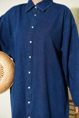 Boydan Çıtçıt Düğmeli Oversize Kot Elbise Mavi - Elbise