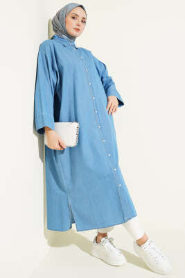 Boydan Çıtçıt Düğmeli Uzun Kot Tunik Açık Mavi - HATUN