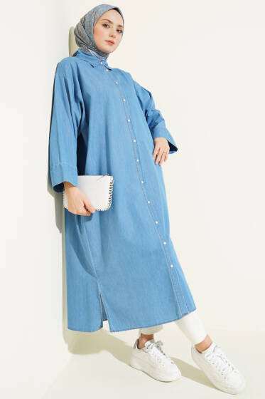 Boydan Çıtçıt Düğmeli Uzun Kot Tunik Açık Mavi - Tunik
