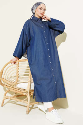 Boydan Çıtçıt Düğmeli Uzun Kot Tunik Lacivert - HATUN