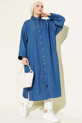 Boydan Çıtçıt Düğmeli Uzun Kot Tunik Mavi - HATUN