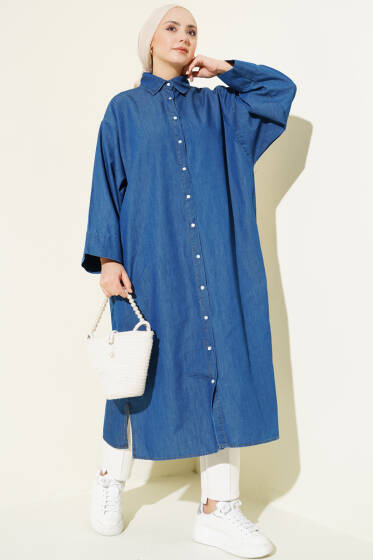 Boydan Çıtçıt Düğmeli Uzun Kot Tunik Mavi - Tunik