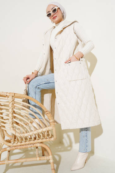 Boydan Çıtçıtlı Kapüşonlu Cepli Yelek Bej - Yelek