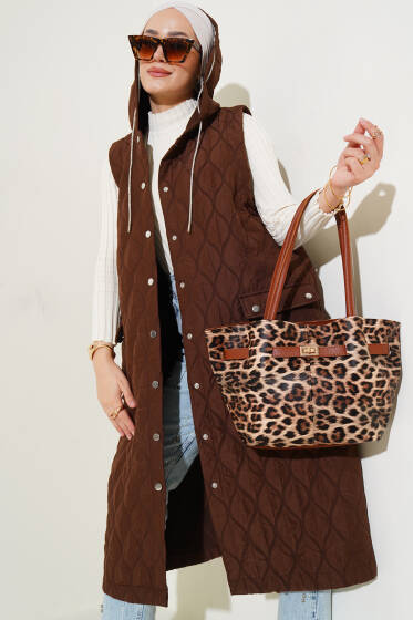 Boydan Çıtçıtlı Kapüşonlu Cepli Yelek Kahve - Yelek