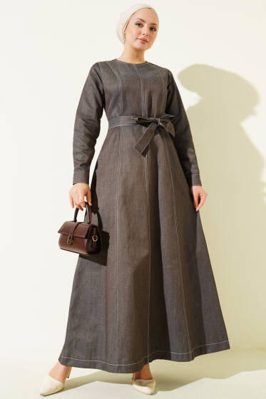 Boydan Dikiş Detaylı Kot Elbise Füme - Elbise