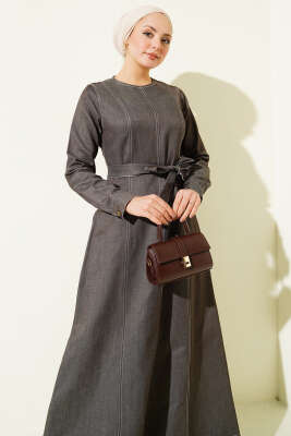 Boydan Dikiş Detaylı Kot Elbise Füme - Elbise