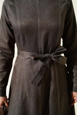 Boydan Dikiş Detaylı Kot Elbise Füme - Elbise