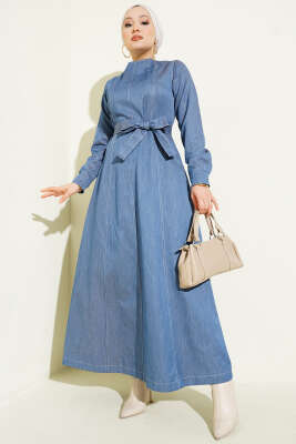 Boydan Dikiş Detaylı Kot Elbise Kot Mavisi - FEVERAN