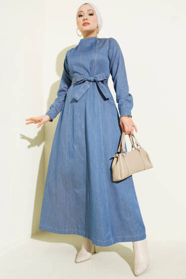 Boydan Dikiş Detaylı Kot Elbise Kot Mavisi - Elbise