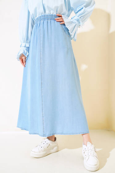 Boydan Dikişli Kot Etek Orta Mavi - Etek