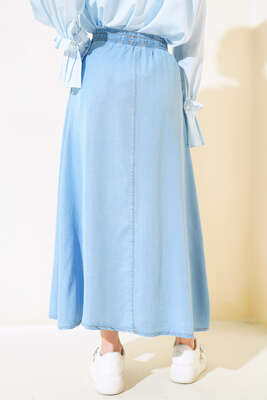 Boydan Dikişli Kot Etek Orta Mavi - Uzun Etek