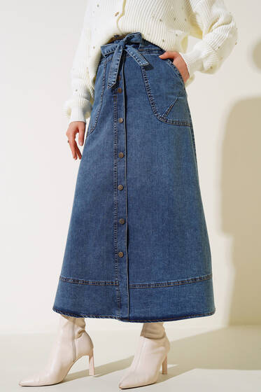 Boydan Düğme Süslemeli Etek Kot - Uzun Etek