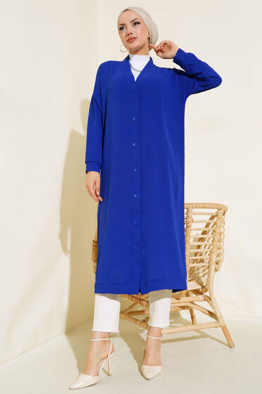 Boydan Düğmeli Ayrobin Hırka Saks - Hırka