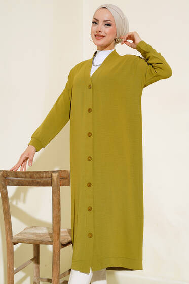 Boydan Düğmeli Ayrobin Hırka Yağ Yeşili - Hırka