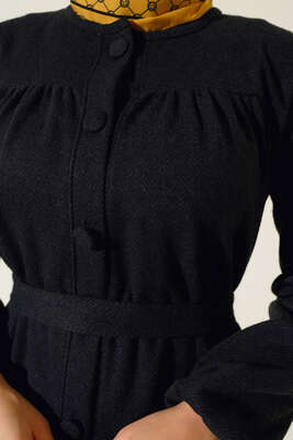Boydan Düğmeli Balıksırtı Elbise Siyah - Thumbnail