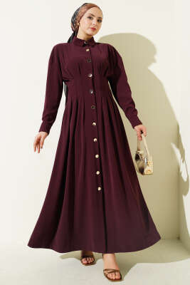Boydan Düğmeli Bel Pensli Elbise Bordo - WENNA DESIGN