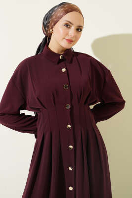 Boydan Düğmeli Bel Pensli Elbise Bordo - Elbise