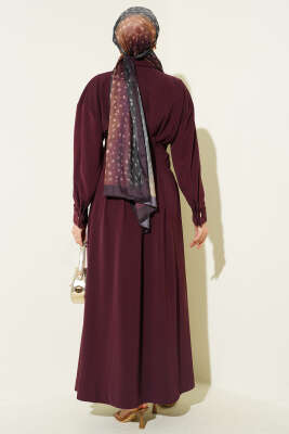 Boydan Düğmeli Bel Pensli Elbise Bordo - Elbise