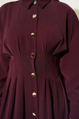 Boydan Düğmeli Bel Pensli Elbise Bordo - Elbise