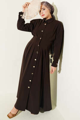 Boydan Düğmeli Bel Pensli Elbise Kahve - WENNA DESIGN