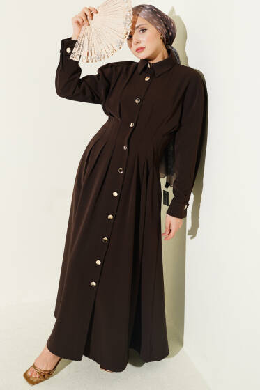 Boydan Düğmeli Bel Pensli Elbise Kahve - Elbise