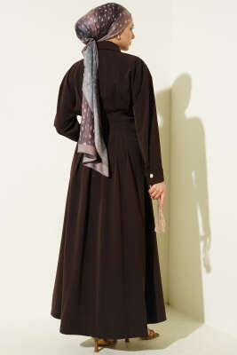 Boydan Düğmeli Bel Pensli Elbise Kahve - Elbise