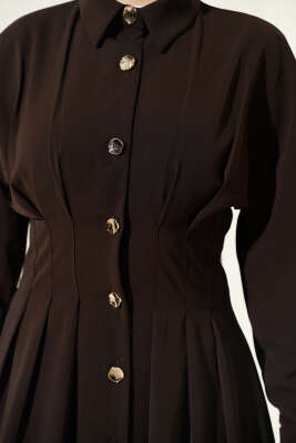 Boydan Düğmeli Bel Pensli Elbise Kahve - Elbise