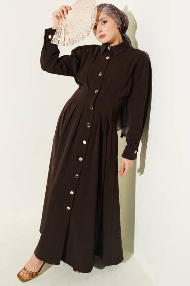 Boydan Düğmeli Bel Pensli Elbise Kahve - Elbise
