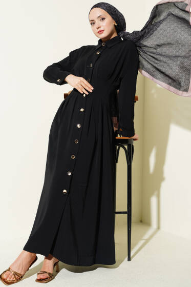 Boydan Düğmeli Bel Pensli Elbise Siyah - Elbise