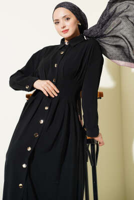 Boydan Düğmeli Bel Pensli Elbise Siyah - Elbise