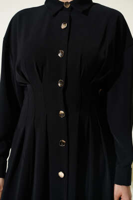 Boydan Düğmeli Bel Pensli Elbise Siyah - Elbise