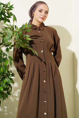 Boydan Düğmeli Bel Pensli Elbise Vizon - WENNA DESIGN