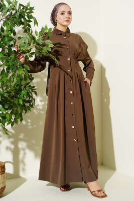 Boydan Düğmeli Bel Pensli Elbise Vizon - Elbise