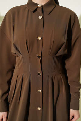 Boydan Düğmeli Bel Pensli Elbise Vizon - Elbise